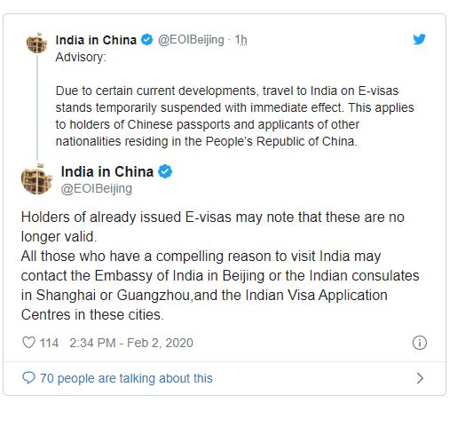 india temporarily cancel e visa of chinese