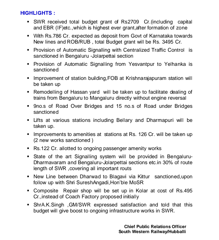 Annual Budget for the Southwest Railway Department 2020-21