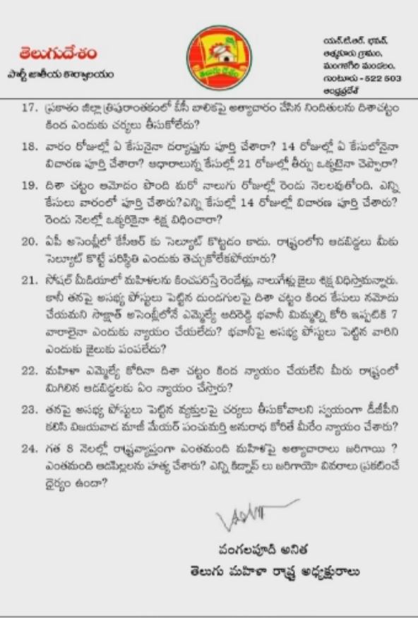 Vangalapudi anita letter to cm