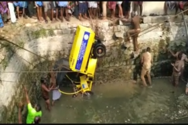 Waste collection vehicle fell into well