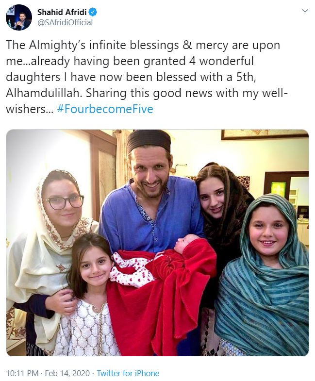 Shahid Afridi announces news of birth of 5th baby girl on valantines day 2020