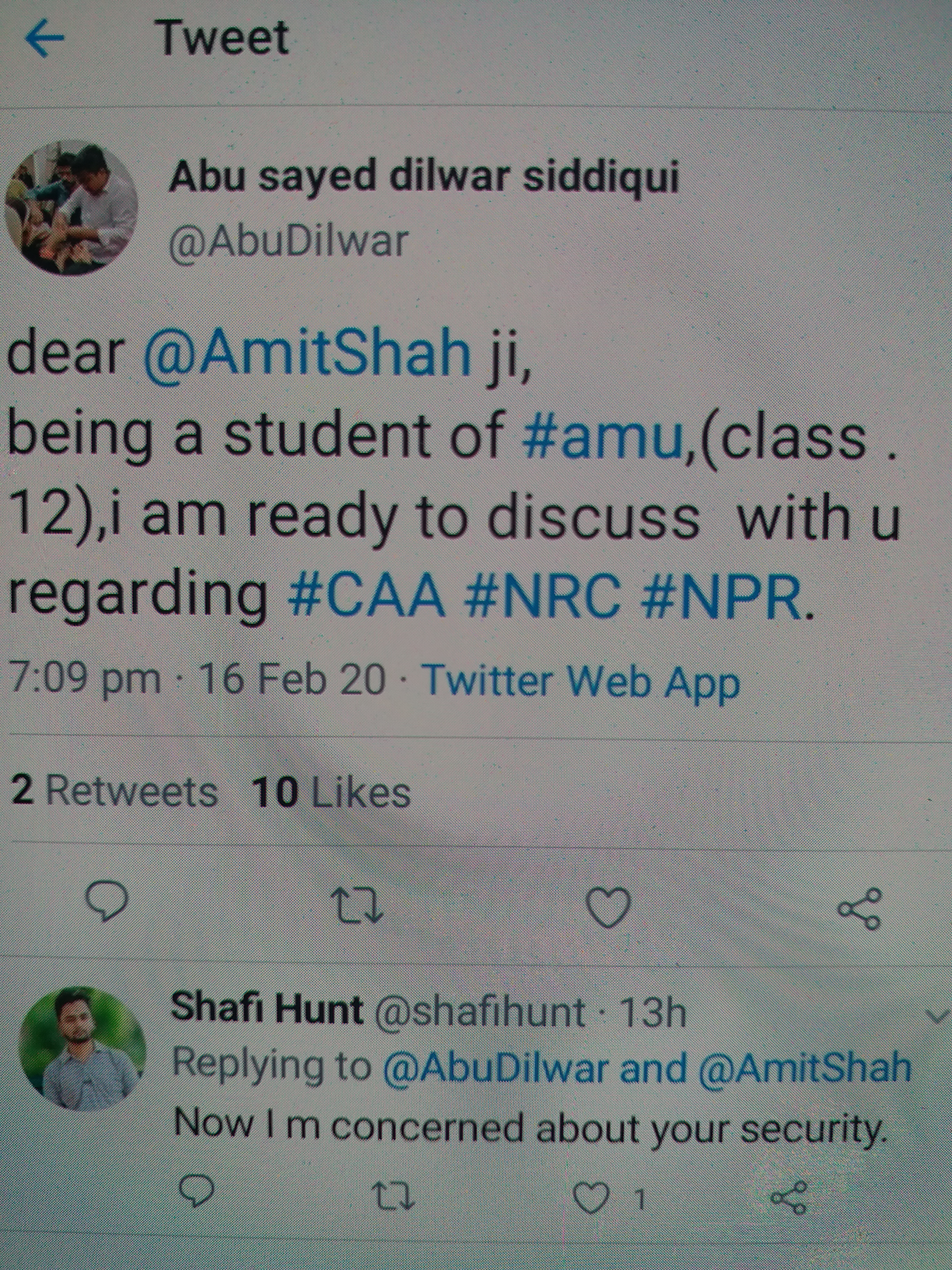 AMU student's tweet to Amit Shah