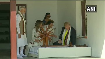 Donald Trump and Melania Trump spin the Charkha at Sabarmati Ashram