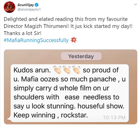 Magizh Thirumeni appreciates Arun Vijay for Mafia