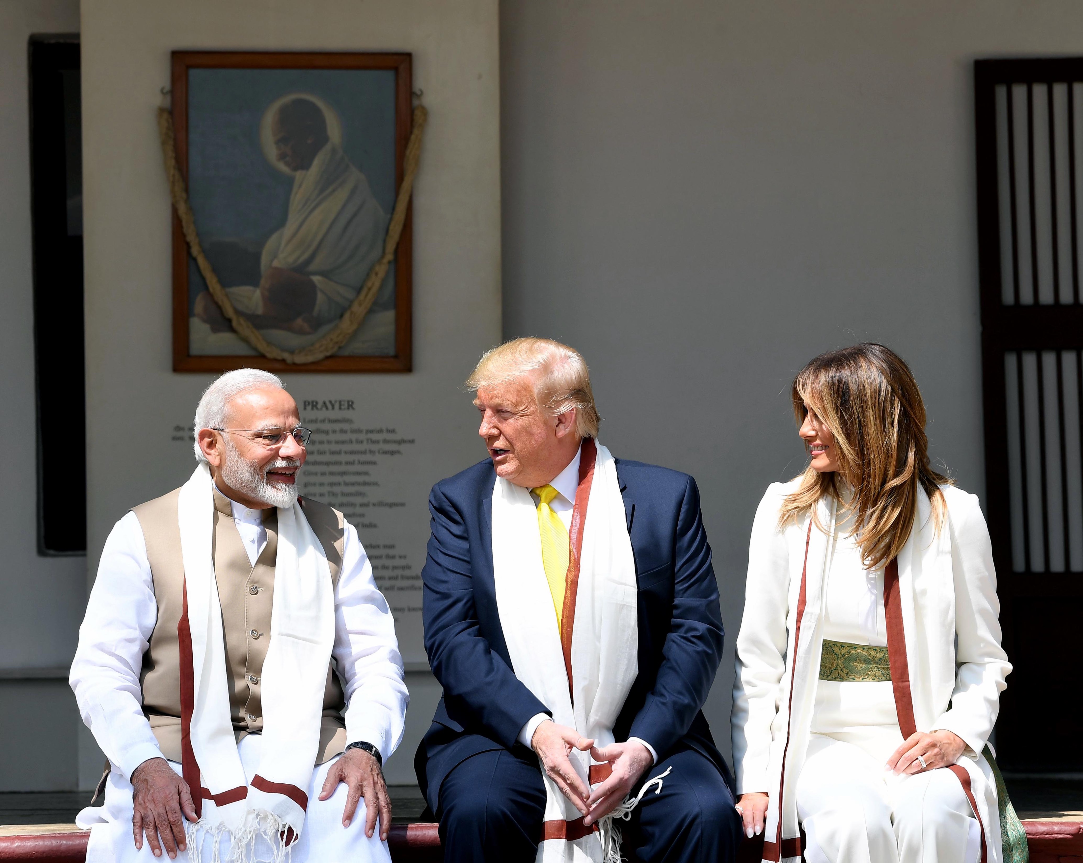 PM Modi, Donald Trump and Melania Trump at Sabarmati Ashram