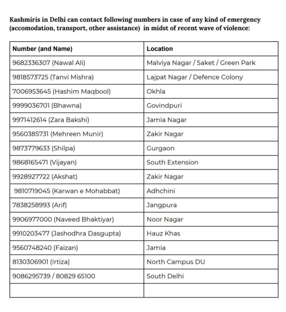 دہلی تشدد: کشمیری طلباء کے لیے ہیلپ لائنز جاری