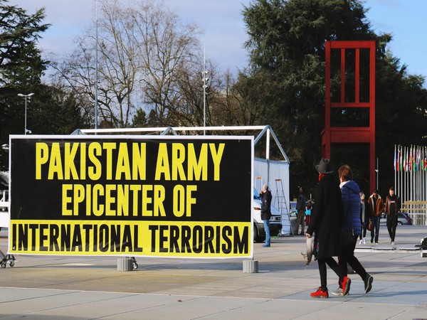 'Pakistani Army Epicenter of International Terrorism' poster displayed at Broken Chair in Geneva