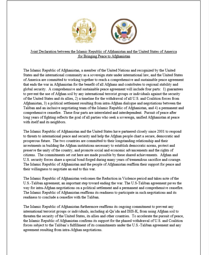 Joint declaration signed between the Afghan government and US
