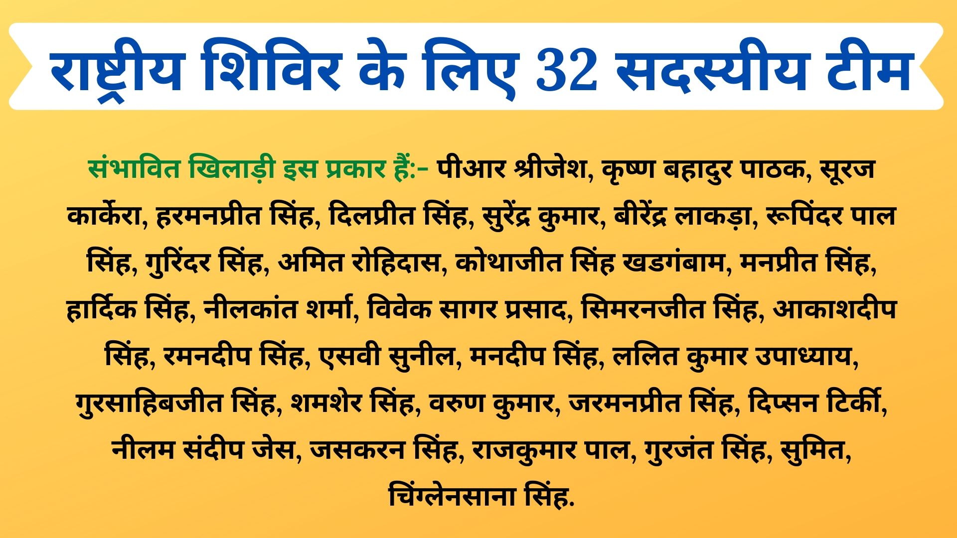 राष्ट्रीय शिविर के लिए 32 सदस्यीय कोर संभावित खिलाड़ी