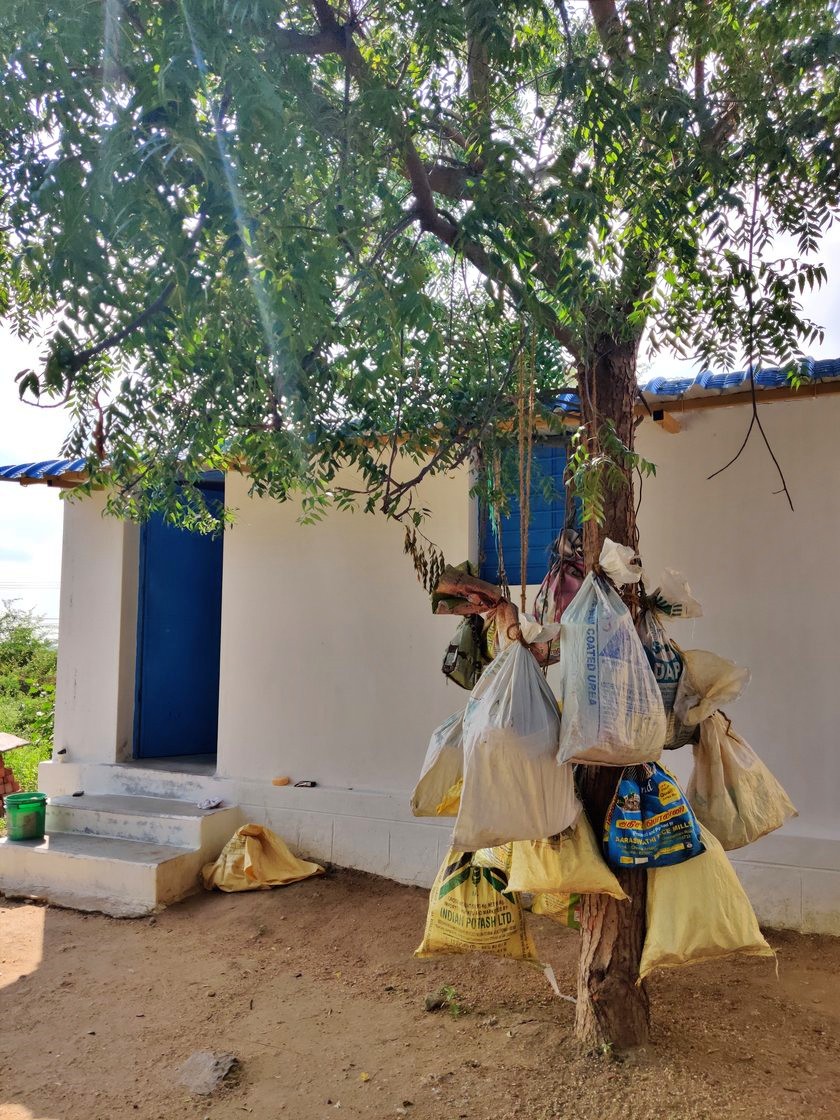 மரத்தில் தொங்கும் பைகளில் அந்த பெண்களுக்கான  உடுப்பும்  உடைமையும்