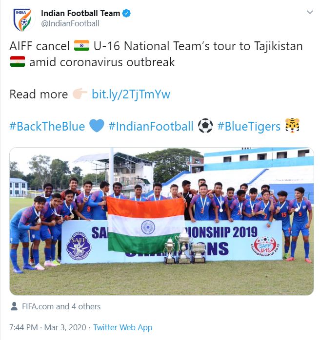 India's U-16 team canceled tour to Kazakhstan due to corona virus