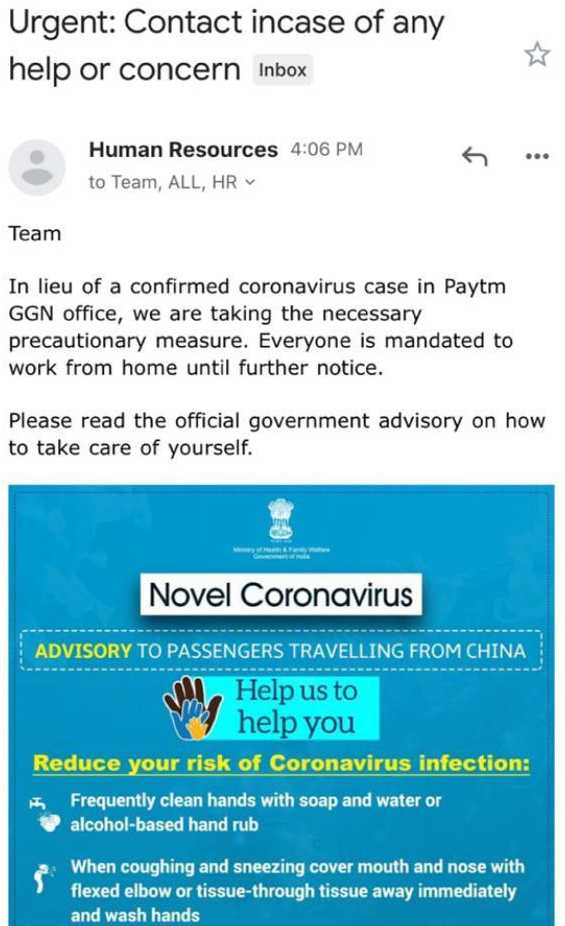 paytm employee has been tested positive for coronavirus