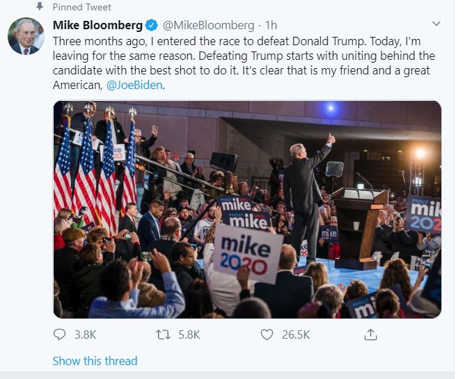 Bloomberg drops out of 2020 race, endorses Biden