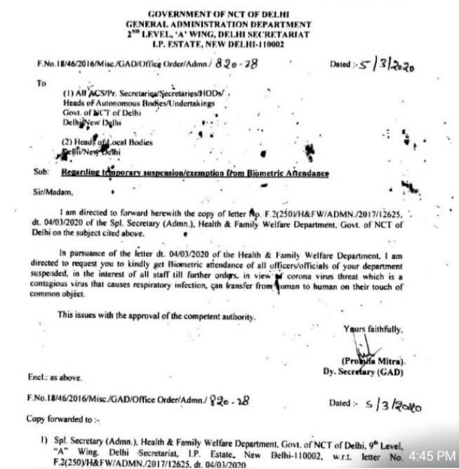 Delhi Govt. and Municipal Corporation Ban Biometric Attendance due to Corona Virus Danger