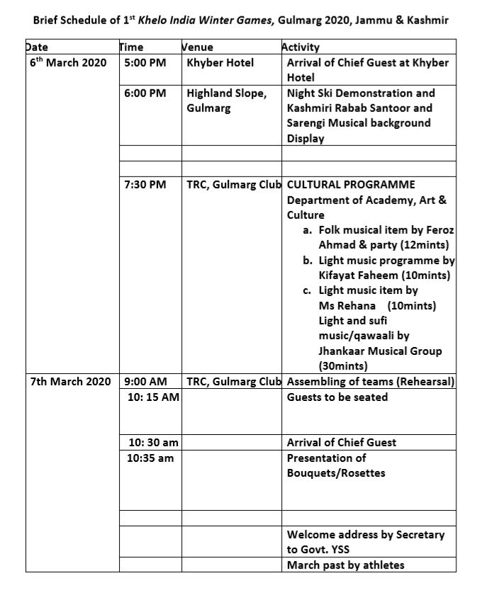 Khelo India Winter Games,  Schedule for 1st day announced