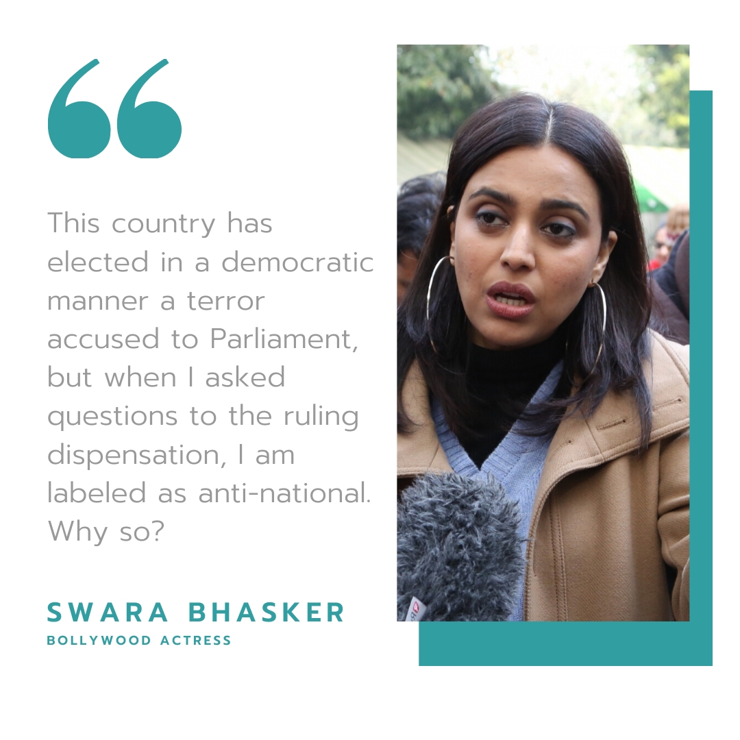 Swara said she was being labelled as an 'anti-national' for asking questions