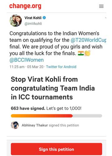 Petition calls to stop Kohli from congratulating Team India