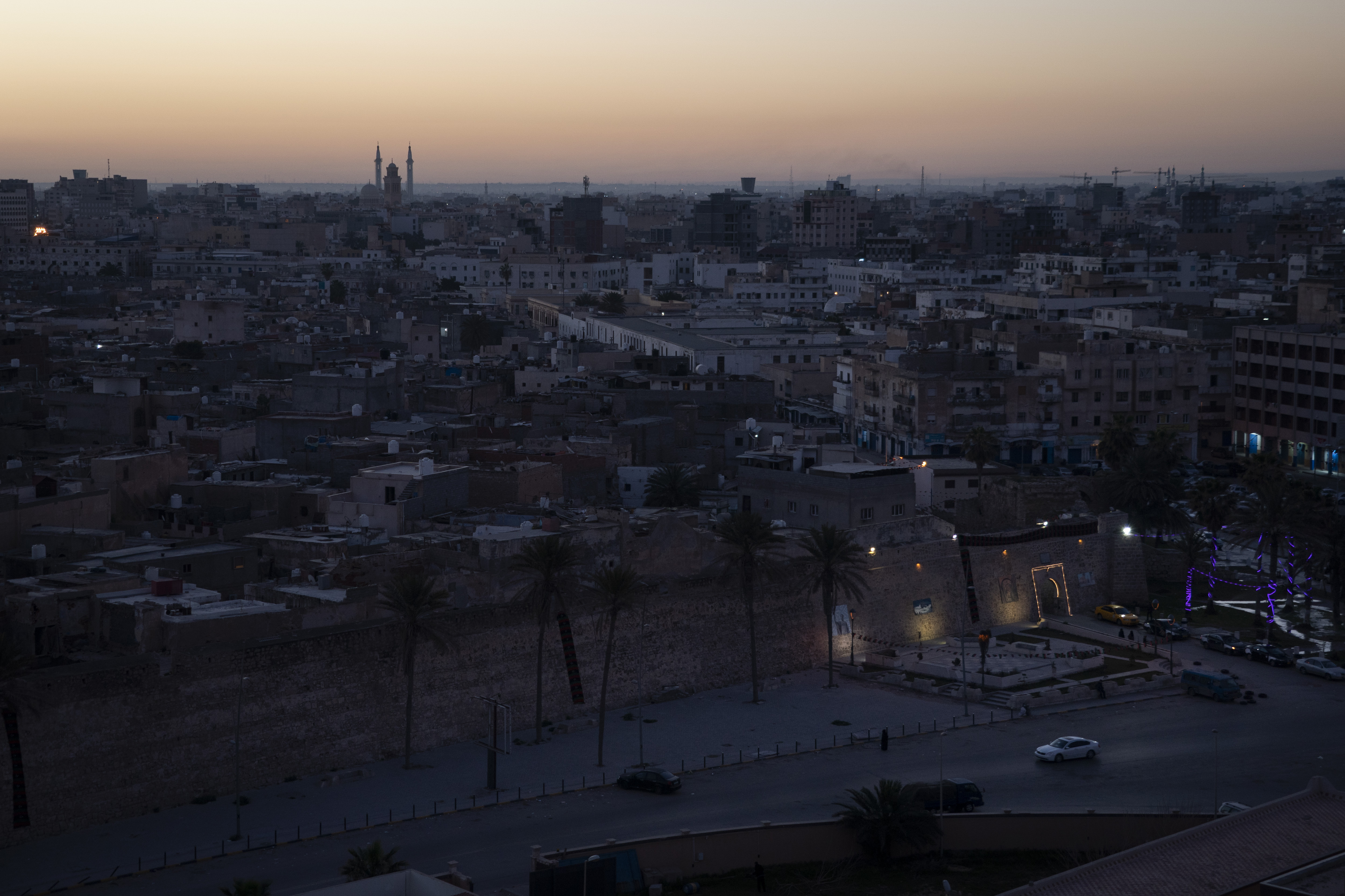 The walls surrounding the Old City are illuminated before sunrise in Tripoli, Libya.