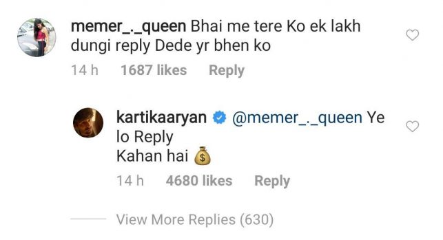 Hero Kartik Aaryan Reply To A Girl Who Offered Him One Lakh Rupees