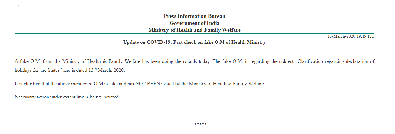 Covid-19 rumours: Health Ministry bust rumours of declaring holidays in schools, workplace