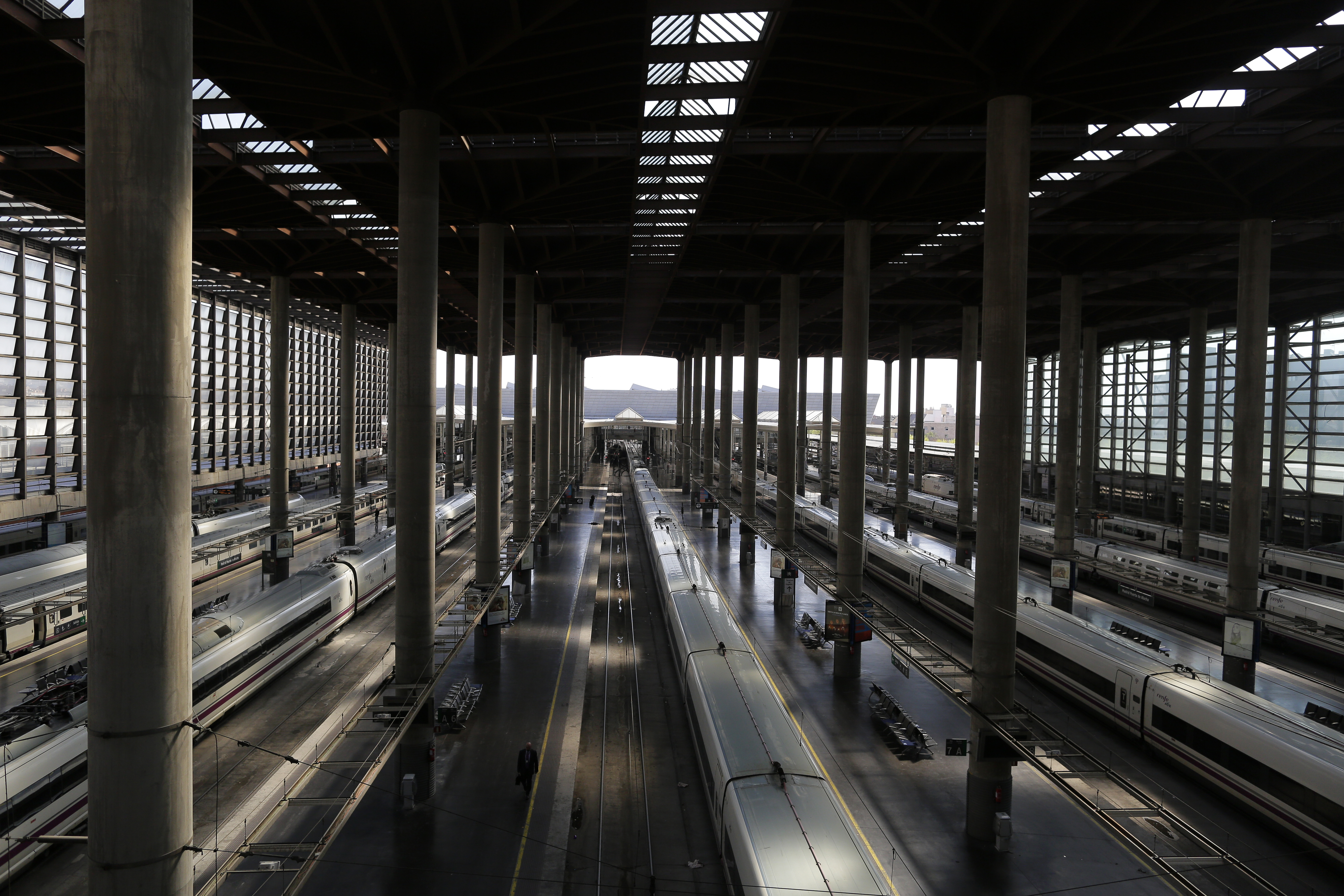 Parked trains at the Atocha train station Madrid, Spain, on Saturday.