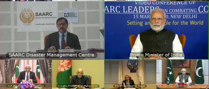 The South Asian Association for Regional Cooperation's leaders during a video conference on Sunday.