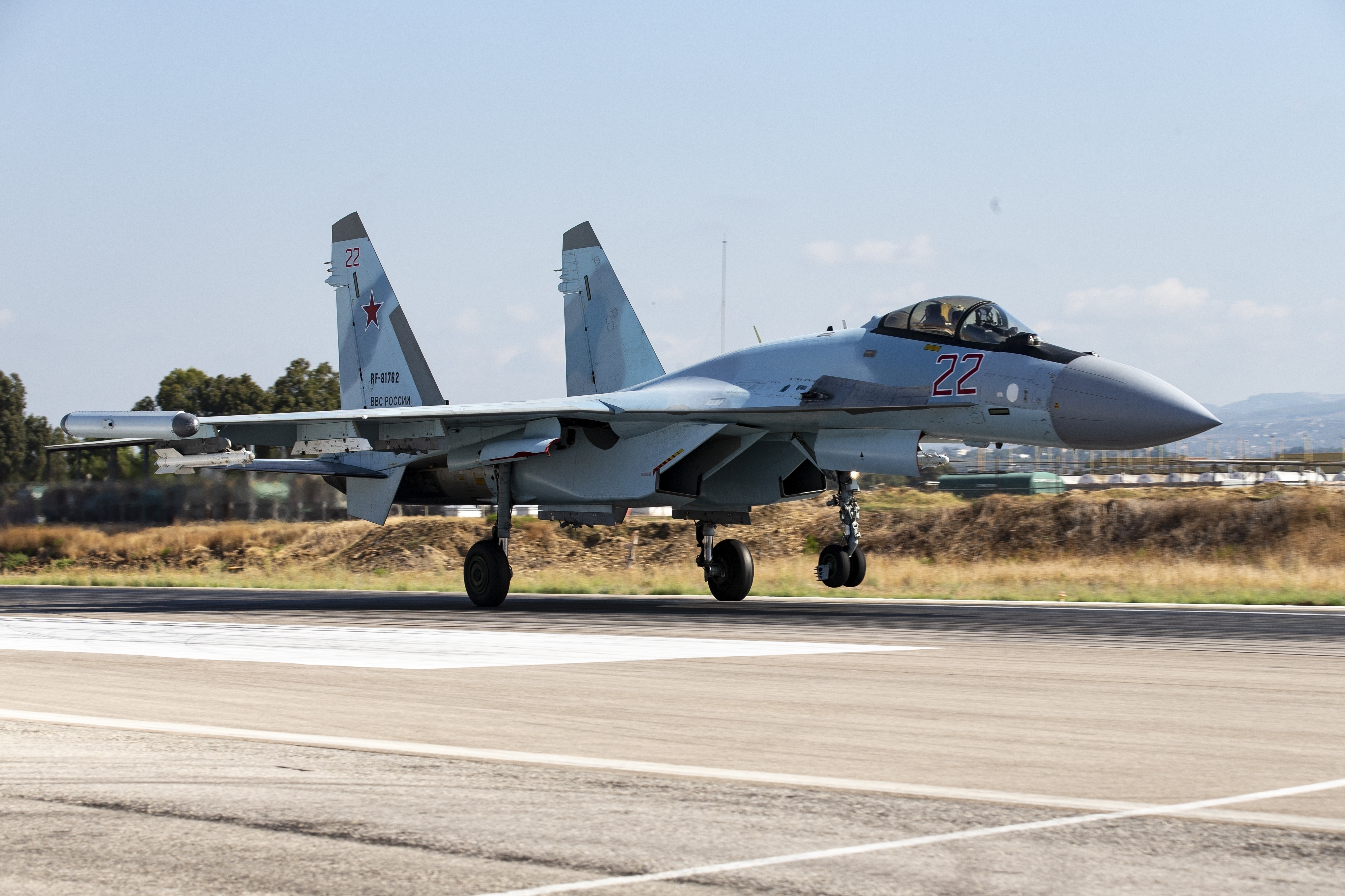 A Russian Su-35 fighter jet taking off at Hemeimeem air base in Syria.