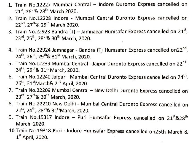 Coronavirus :  રેલવે દ્વારા 31 માર્ચ સુધી 33 ટ્રેન કેન્સલ કરાઇ