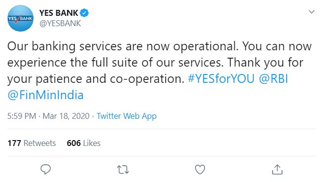 yes bank services resumed