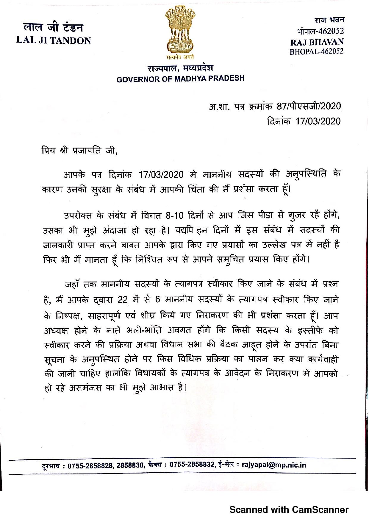 Governor's letter to the Speaker of the Assembly