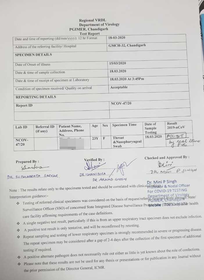 First corona virus patient in Chandigarh