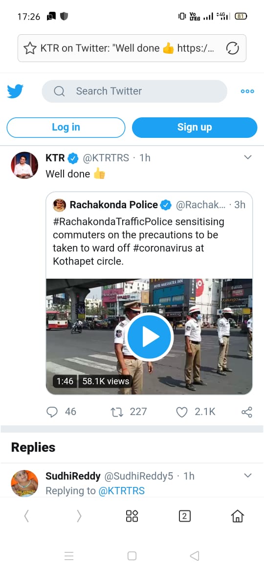 Minister KTR tweeting congratulations to rachakonda traffic police rachakonda