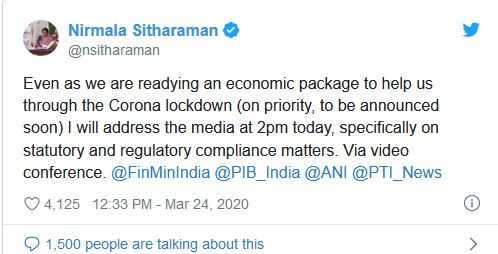 covid-19 nirmala sitharaman to address media at 2 pm