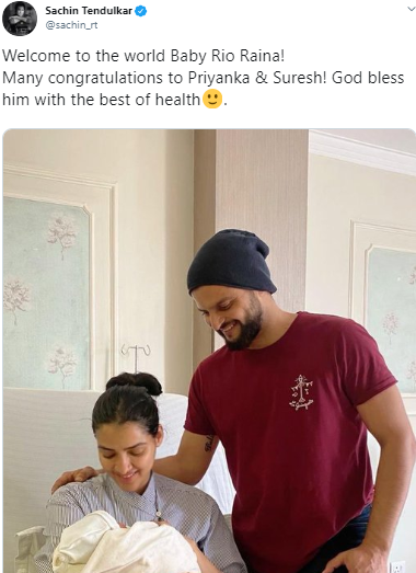 Sachin congratulates Suresh Raina on becoming a father Suresh Raina and Priyanka blessed with a baby boy