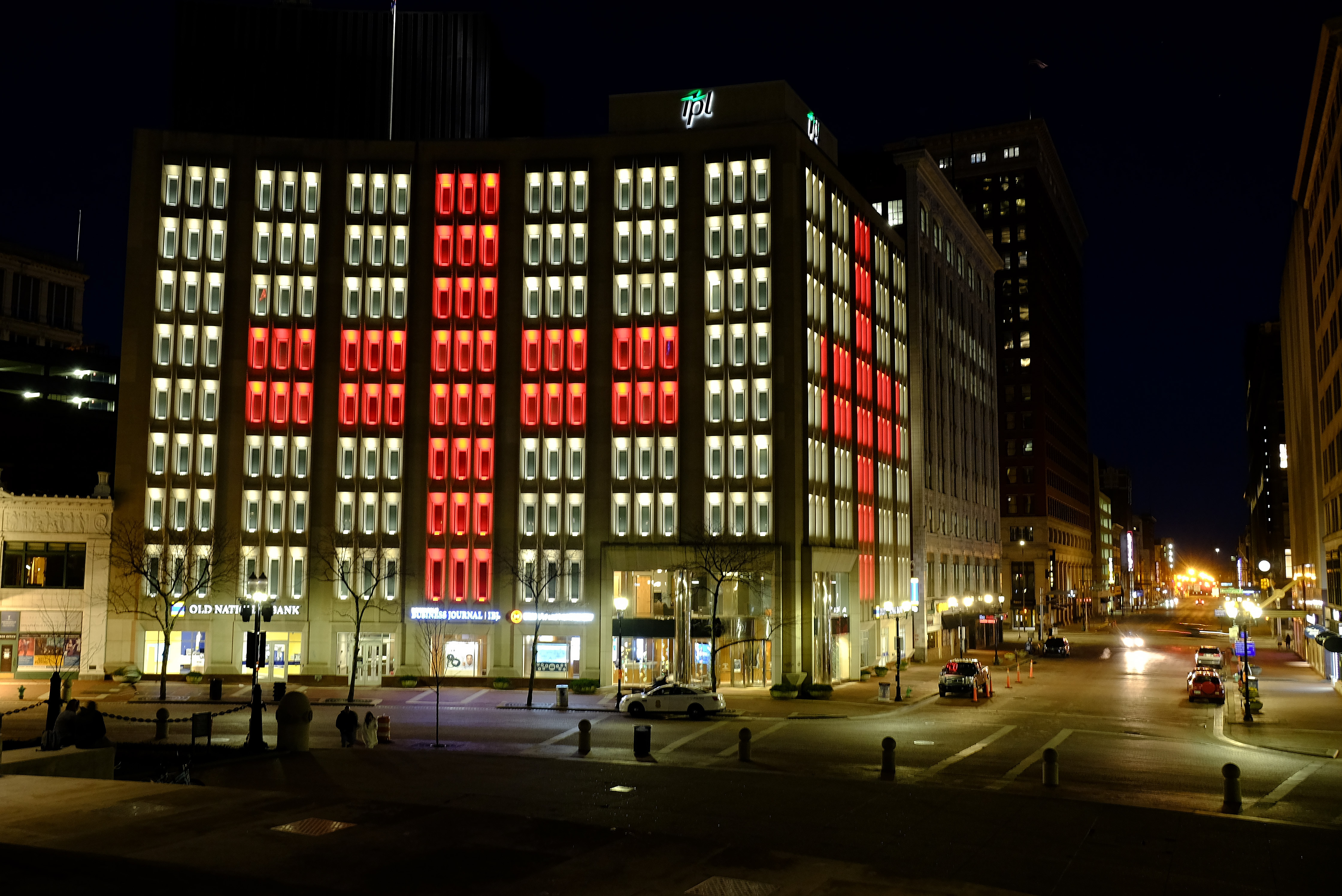 The Indianapolis Power & Light Company downtown headquarters is illuminated during a light display