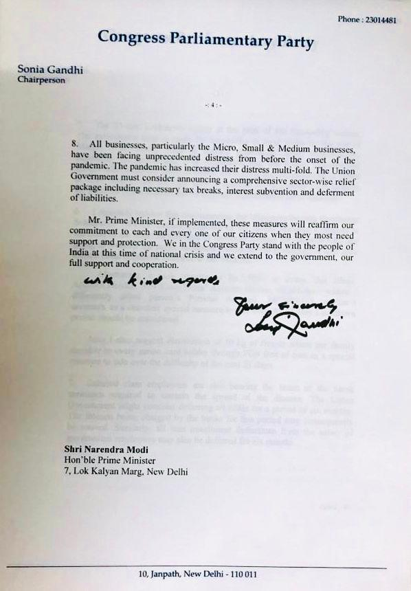 sonia gandhi writes to pm modi