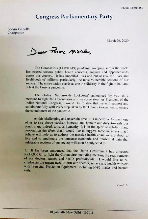 sonia gandhi writes to pm modi