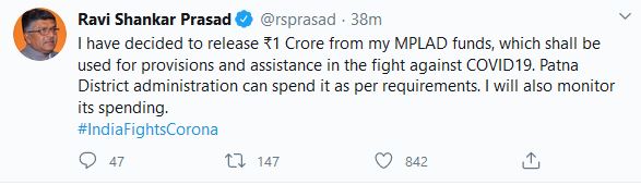 combating covid 19,  rs prasad to donate rs 1 cr from mplad fund