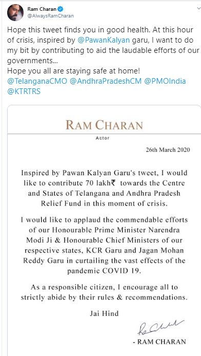 Inspired by Pawan Kalyan, Ram Charan to donate 70lakh as COVID-19 aid