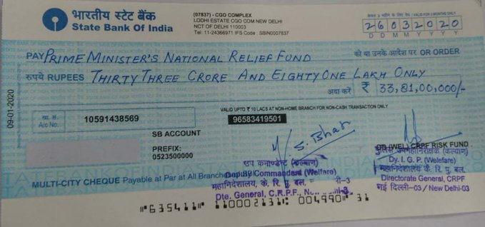 CRPF personnel donate day's salary to PM relief fund