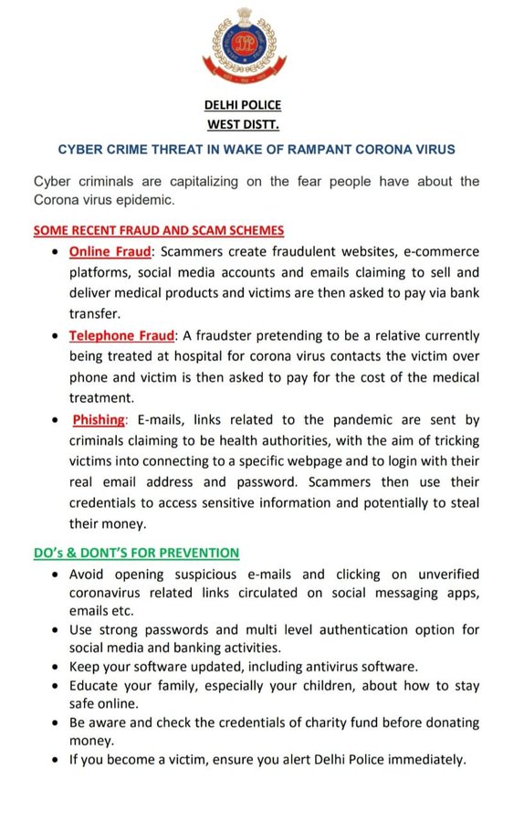 Delhi Police have issued an advisory regarding cyber-crimes