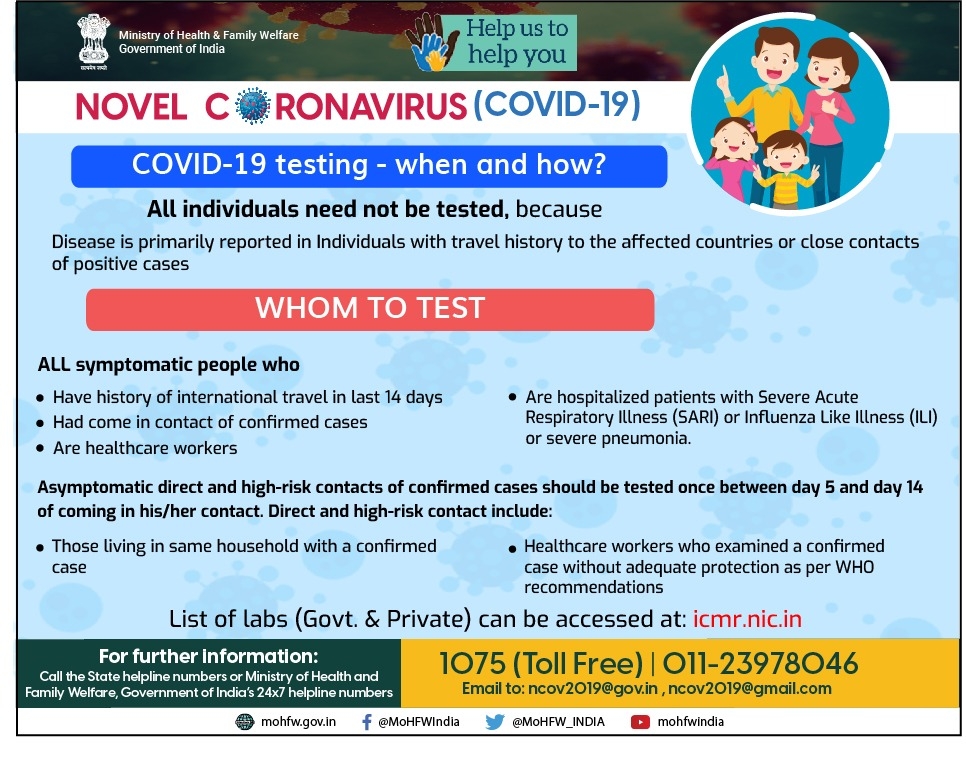 Indian Government Clarified When should you get a test for COVID19? and Released a list of testing labs