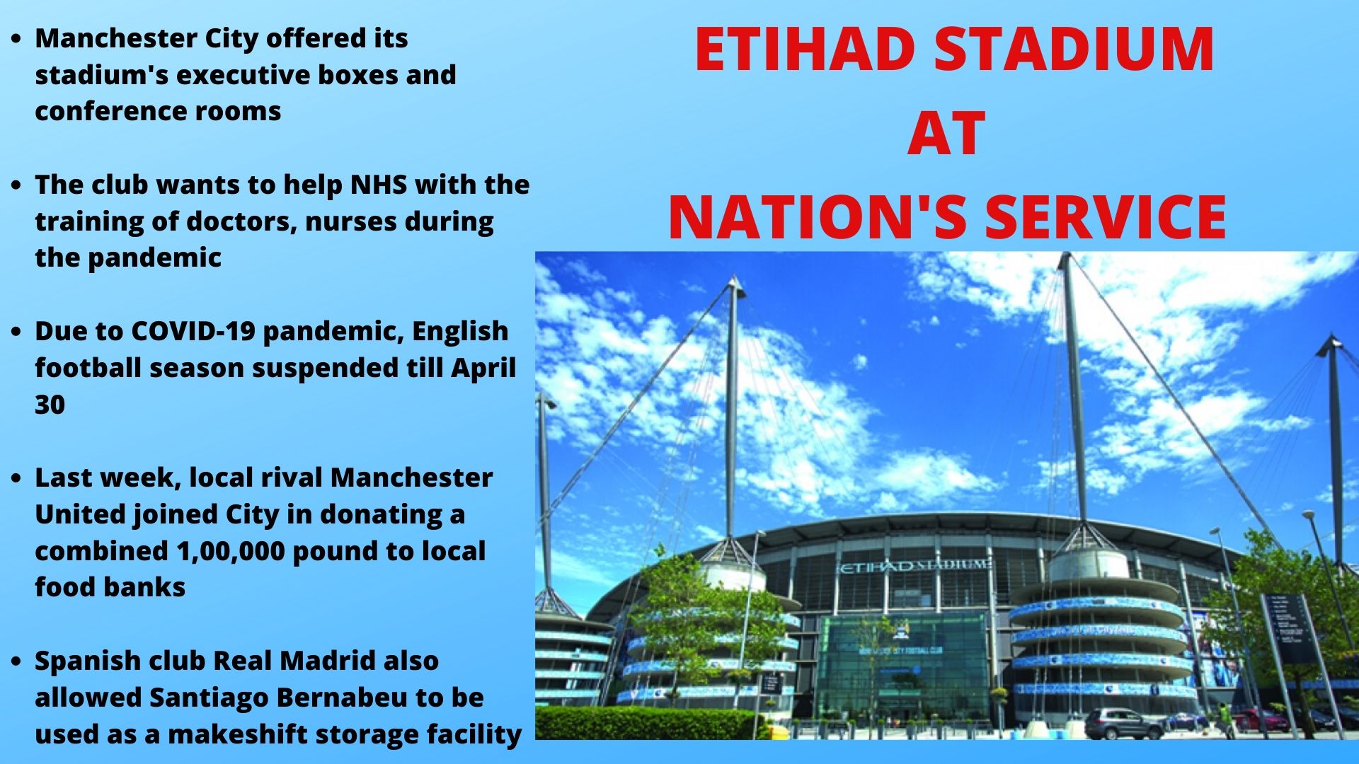 Etihad Stadium at nation's service to tackle COVID-19 crisis in England.