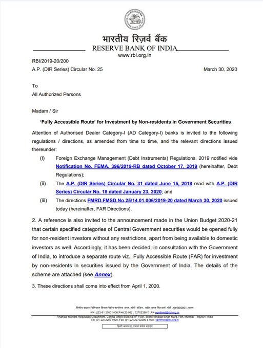 RBI issued a circular to fully open up specified government securities for non-resident investors