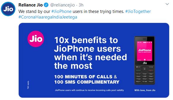 Jio offers 100minutes of free Talktime 100 free SMS to help poor in lockdown