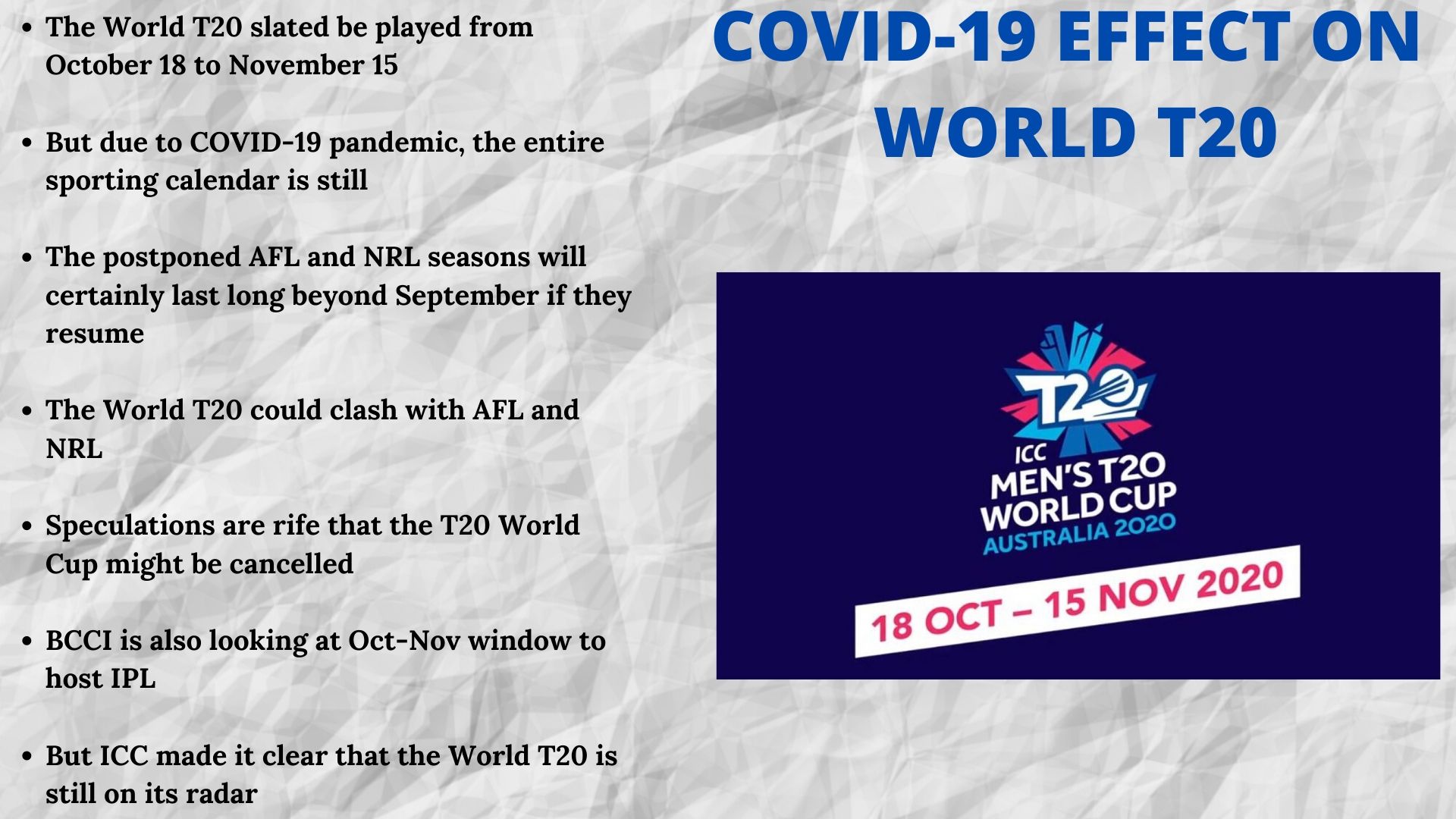 2020 World T20 is slated to start on October 15.