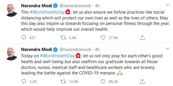 pm modi urges to express gratitude towards healthcare staff on world health day