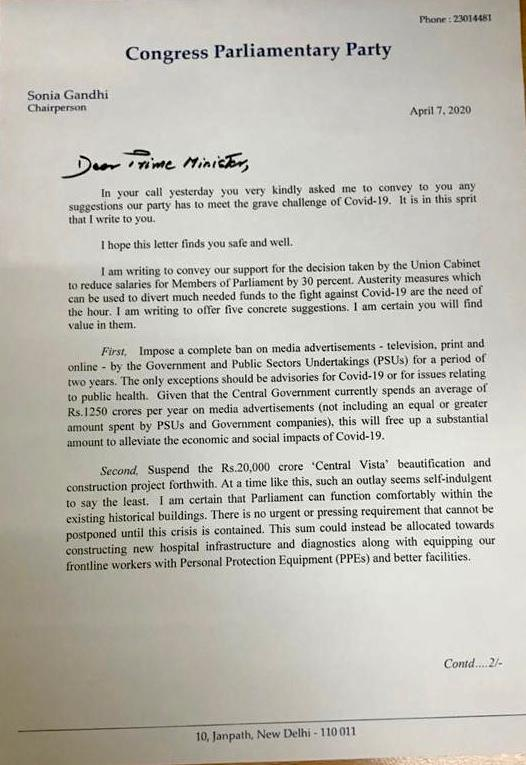 sonia gandhi writes a letter to pm modi support to reduce salaries of member of parliaments