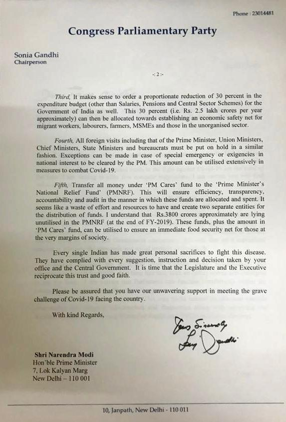 sonia gandhi writes a letter to pm modi support to reduce salaries of member of parliaments