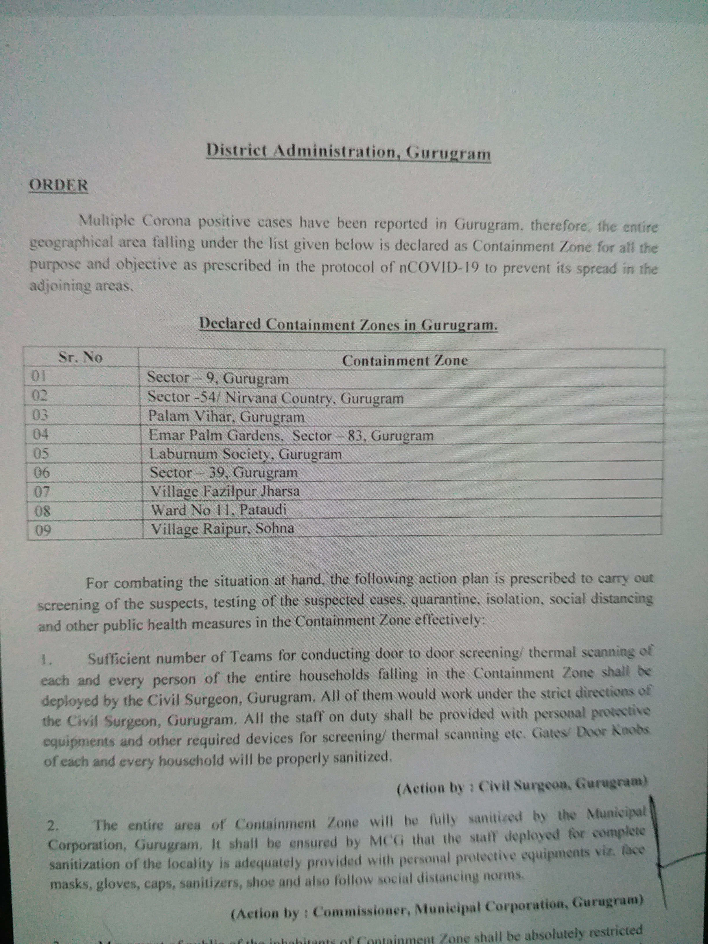 list of 9 places declared as containment zone in gurugram after 2 new corona cases found in the city